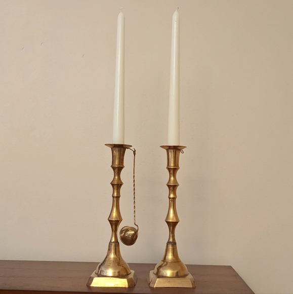 Vintage set of two brass candle holders with snuffer